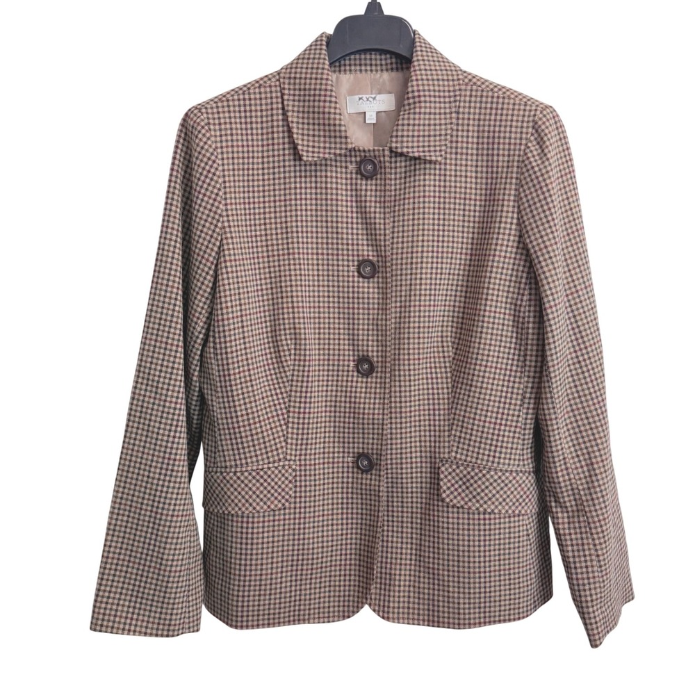 Talbots Brown Tan Check Plaid Button Front Blazer Jacket Womens Size 14 Pockets